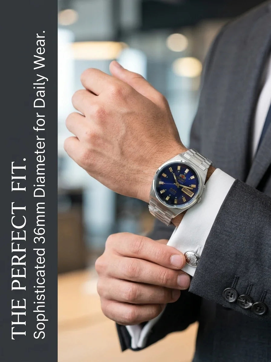 Orient Men 36mm Automatic Mechanical Watch 21 Jewels Day‑Date Luminous Stainless Steel Bracelet Business Wrist Watch