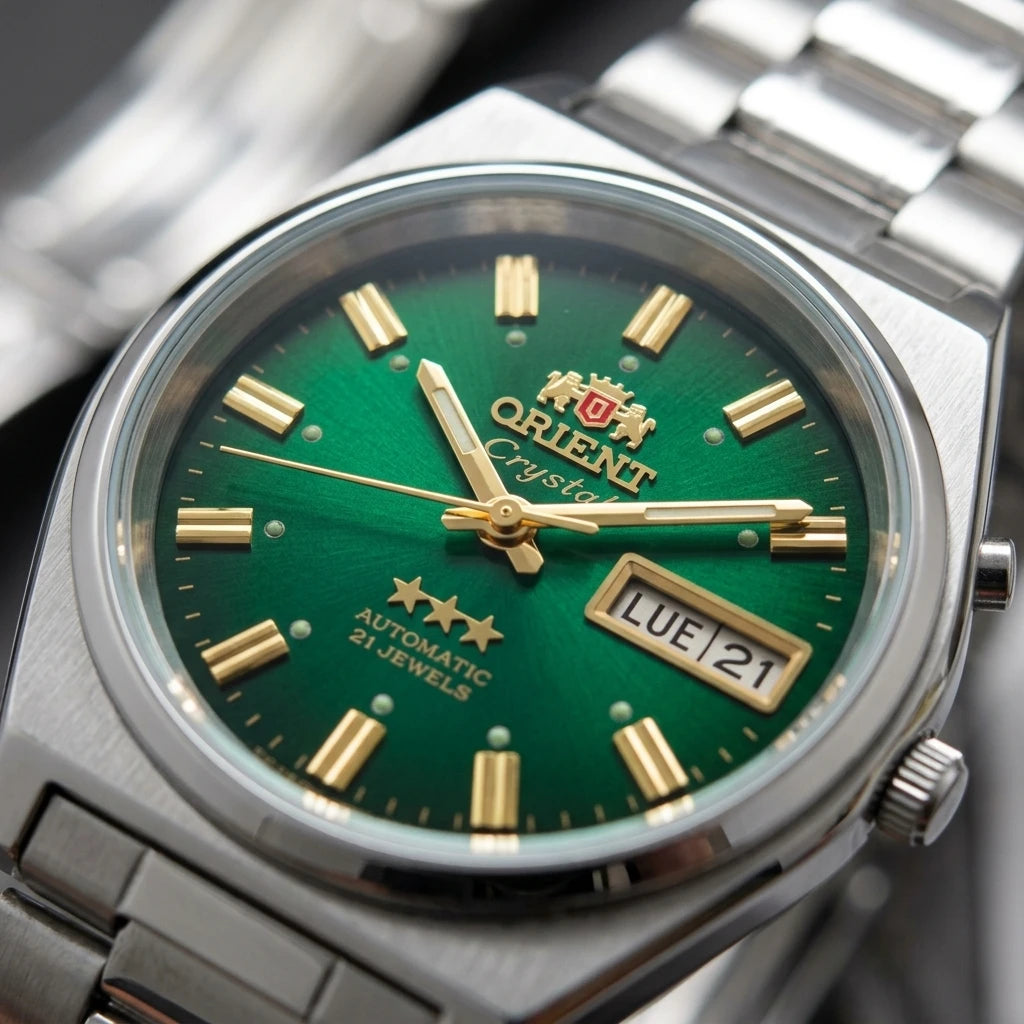 Orient Men 36mm Automatic Mechanical Watch 21 Jewels Day‑Date Luminous Stainless Steel Bracelet Business Wrist Watch
