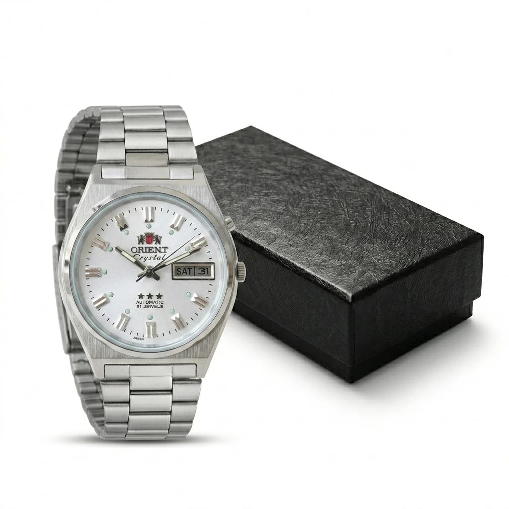 Orient Men 36mm Automatic Mechanical Watch 21 Jewels Day‑Date Luminous Stainless Steel Bracelet Business Wrist Watch