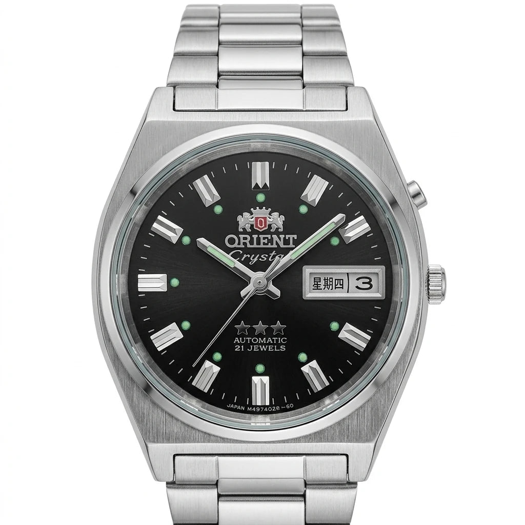 Orient Men 36mm Automatic Mechanical Watch 21 Jewels Day‑Date Luminous Stainless Steel Bracelet Business Wrist Watch