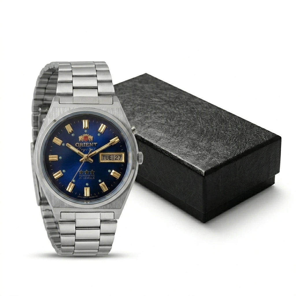 Orient Men 36mm Automatic Mechanical Watch 21 Jewels Day‑Date Luminous Stainless Steel Bracelet Business Wrist Watch