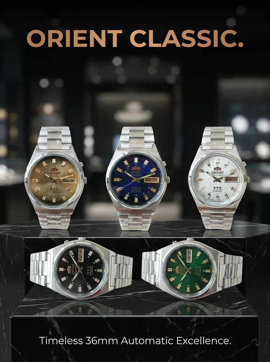 Orient Men 36mm Automatic Mechanical Watch 21 Jewels Day‑Date Luminous Stainless Steel Bracelet Business Wrist Watch