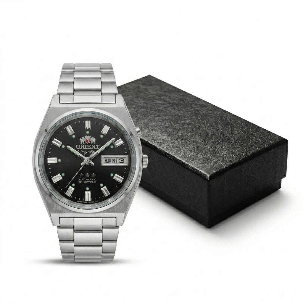 Orient Men 36mm Automatic Mechanical Watch 21 Jewels Day‑Date Luminous Stainless Steel Bracelet Business Wrist Watch