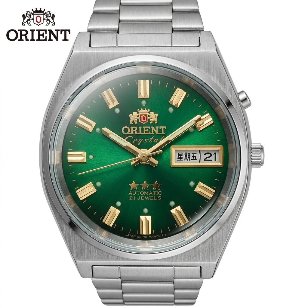 Orient Men 36mm Automatic Mechanical Watch 21 Jewels Day‑Date Luminous Stainless Steel Bracelet Business Wrist Watch