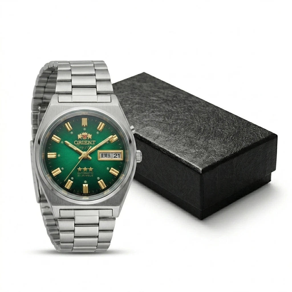 Orient Men 36mm Automatic Mechanical Watch 21 Jewels Day‑Date Luminous Stainless Steel Bracelet Business Wrist Watch