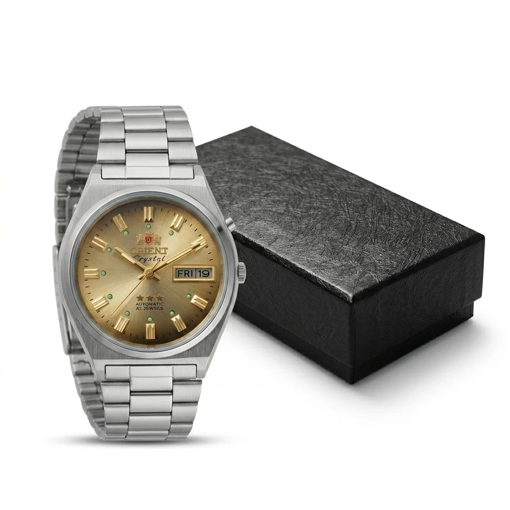 Orient Men 36mm Automatic Mechanical Watch 21 Jewels Day‑Date Luminous Stainless Steel Bracelet Business Wrist Watch